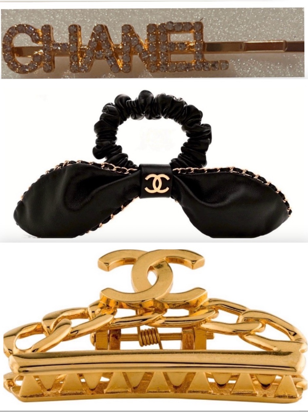 🆕 3 PC HAIR BUNDLE!! ✨ Chanel pin, CC 🐄 Leather Scrunchie & Claw Clip ✨